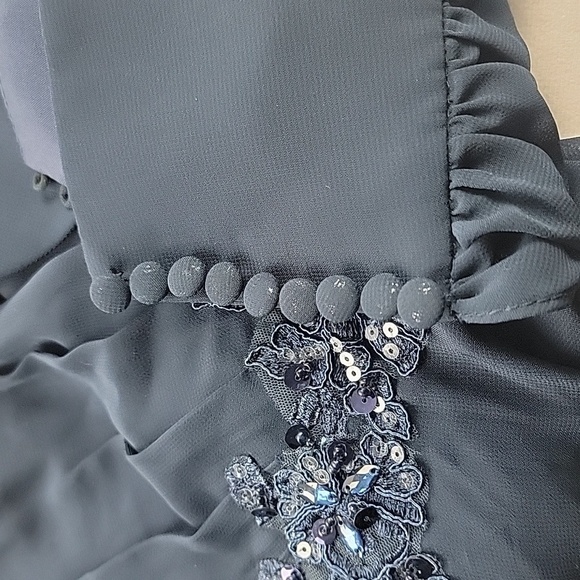 NWT JJ's house navy sheer long sleeve appliqué vneck and back formal dress - Picture 5 of 6